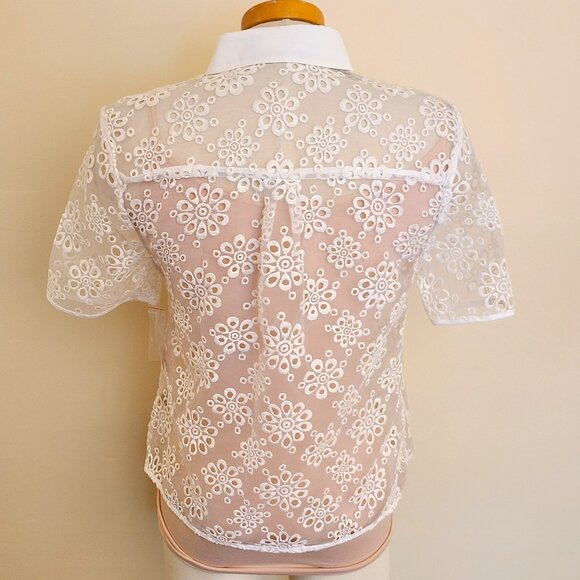 Catherine Malandrino Sheer Short Sleeve Button Down w/ Emroidered Floral Cutouts - Picture 2 of 8